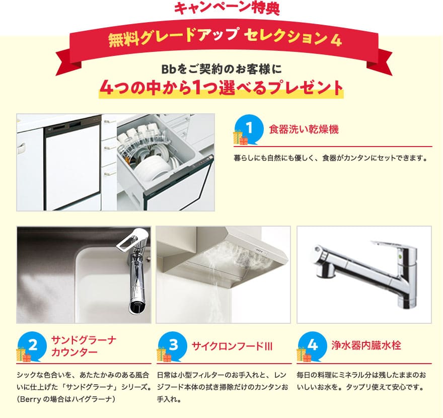 キャンペーン特典　無料グレードアップセレクション4 Bbをご契約のお客様に4つの中から1つ選べるプレゼント