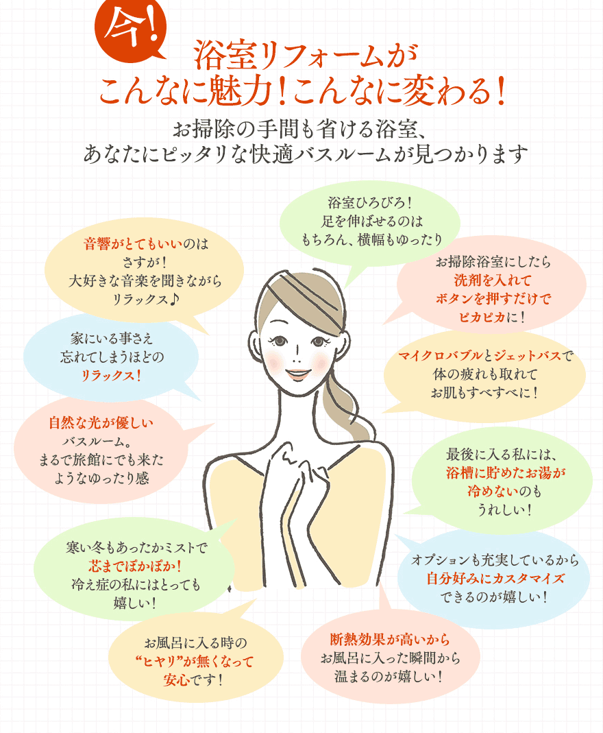 今！浴室リフォームがこんなに魅力！こんなに変わる！お掃除の手間も省ける浴室、あなたにピッタリな快適バスルームが見つかります