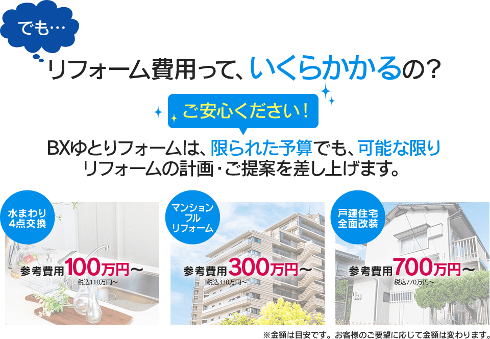 BXゆとリフォームは、限られた予算でも、可能な限りリフォームの計画・ご提案を差し上げます。水まわり4点交換、マンションフルリフォーム、戸建住宅全面改装