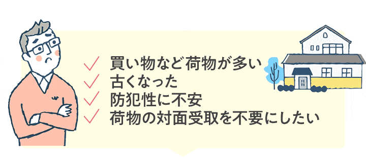 買い物など荷物が多い、古くなった、防犯性に不安、荷物の対面受取を不要にしたい